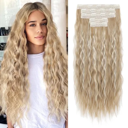 Miniatura 23 de REECHO Extensiones de cabello con clip, 5 piezas, de 24 pulgadas, de color rubio ceniza, extensiones de cabello con ondas largas y sueltas, HE002