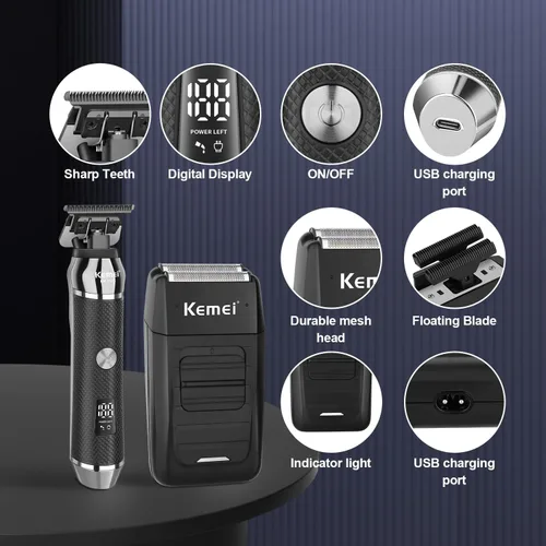 Miniatura 6 de KEMEI Recortadora de barba profesional para hombres, afeitadora eléctrica de aluminio y juego de aseo facial para hombres, recortadora de precisión
