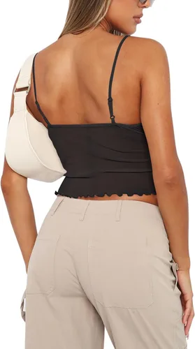Miniatura 4 de REORIA Camiseta corta sin mangas con cuello en V para mujer, con tirantes delgados ajustables, malla transparente, Y2K