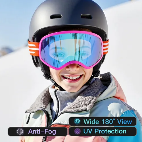 Miniatura 4 de Gafas de esquí para niños, gafas de esquí de nieve para niños, jóvenes, adolescentes, niños y niñas de 5 a 14 años 05.pink con lente roja plateada
