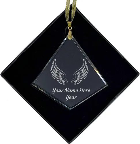 LaserGram Adorno de Navidad de vidrio personalizado, alas de ángel, idea de regalo grabada con láser personalizado (forma de diamante)