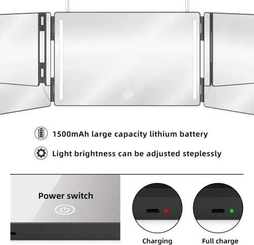 Miniatura 5 de Espejo de Tres Vías para Trenzar Cabello con Luz LED Espejo Tríptico 360 para Mujeres para Trenzar Cortes de Cabello para Hombres Autocorte Afeitado