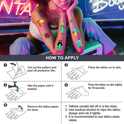 Miniatura 5 de Tatuajes que brillan en la oscuridad, 12 hojas de tatuajes de neón, tatuajes falsos, accesorio para festivales rave, tatuaje temporal para mujeres