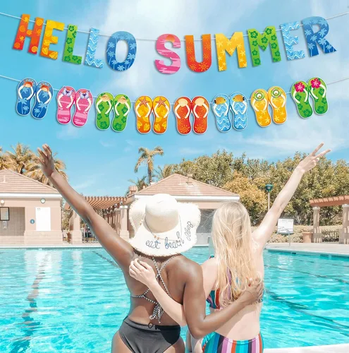Miniatura 5 de Cartel de Hello Summer y colorido banner de verano hawaiano tropical playa piscina sandalias guirnalda banner verano vacaciones fiesta cumpleaños