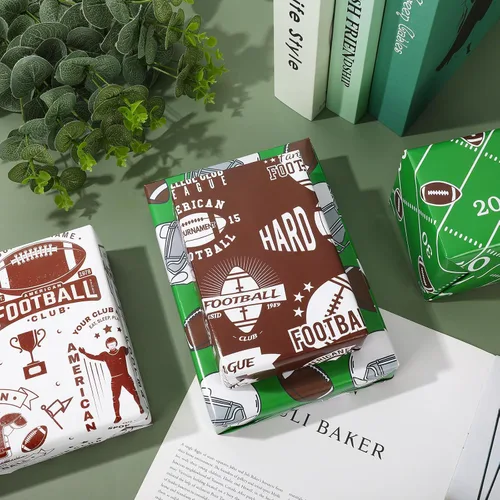 Miniatura 5 de AnyDesign 12 hojas de papel de regalo de rugby, no enrollable, papel de regalo para casco de fútbol, papel de arte a granel blanco, verde, marrón