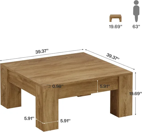 Miniatura 2 de Tribesigns Mesa auxiliar cuadrada de madera de 39 pulgadas con patas resistentes, mesa central rústica para sala de estar, fácil montaje, marrón