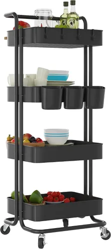 Miniatura 10 de Devo Carrito con ruedas de 4 niveles, carrito de almacenamiento resistente, con asa, 4 ganchos laterales, 2 tazas de almacenamiento y ruedas