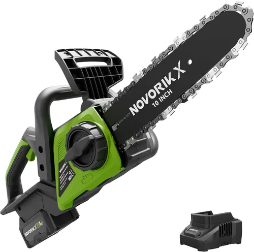 NovorikX Motosierra inalámbrica de 20 V, motosierra eléctrica de 10 pulgadas con batería de 4.0 Ah y cargador, engrasador automático, tensión de