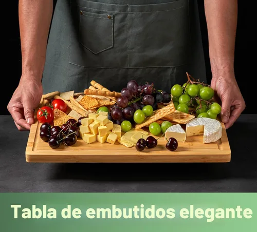 Miniatura 3 de Tabla de cortar de bambú para cocina, tabla grande de madera de 18" para embutidos y queso, bloque de cortar de madera con asas laterales y ranuras