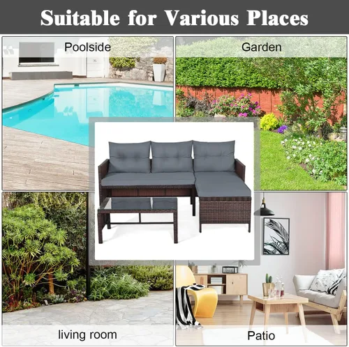 Miniatura 6 de COSTWAY Juego de muebles de patio de 3 piezas, sofá seccional de mimbre para exteriores con cojines y mesa de centro de vidrio templado para Gery