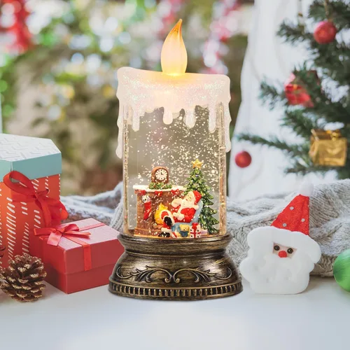 Miniatura 5 de GenSwin Vela de Globo de Nieve de Navidad, Vela Brillante Giratoria con Temporizador, Música y 3 Escenas de Muñeco de Nieve, Linterna