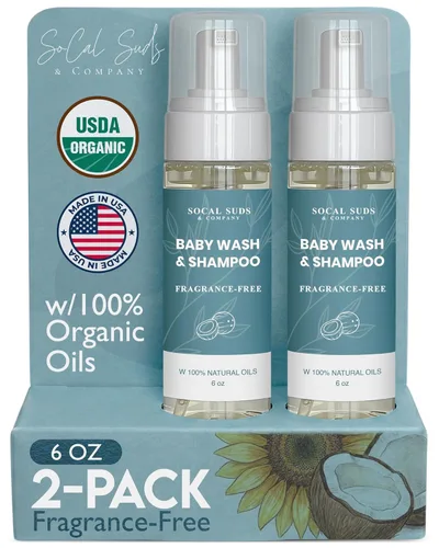 SoCal Suds & Company Champú y gel de baño orgánico 2 en 1 para bebés y gel de baño, jabón de Castilla, jabón corporal suave y champú para pieles