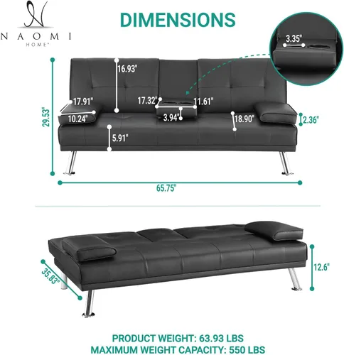 Miniatura 2 de Naomi Home Sofá cama tipo futón convertible compacto – Moderno sofá cama de piel sintética para espacios pequeños, apartamentos y dormitorios