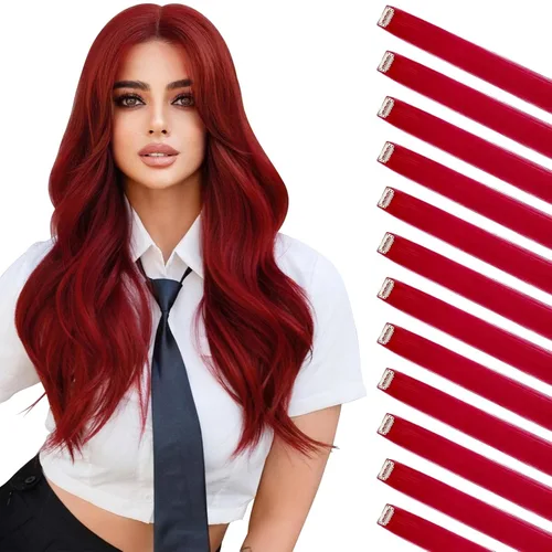Miniatura 8 de FELENDY 12 extensiones de cabello con clip de color, lacio, ondulado, sintético, para mujer, verde claro