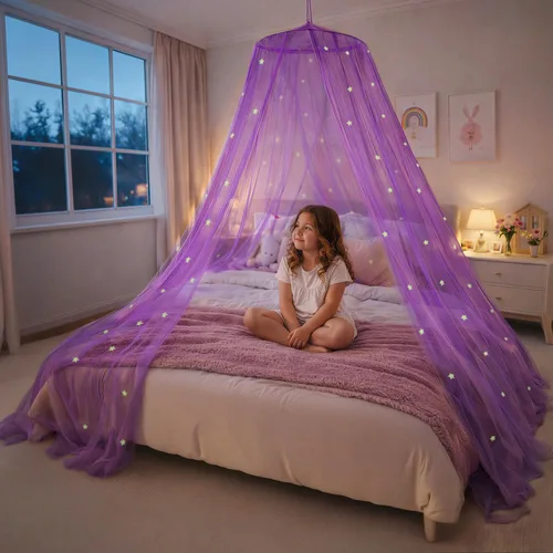 Miniatura 14 de Dosel de Cama Azul, Dosel de Cama Azul con Estrellas que Brillan en la Oscuridad para Niñas, Niños, Niñas y Bebés, Red para Cubrir la Cuna, Niño