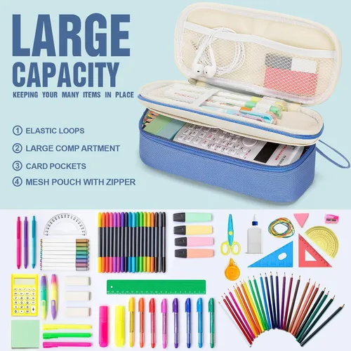 Miniatura 2 de KMUYSL Estuche grande para lápices, bolsa grande para lápices con 3 compartimentos, organizador de mano para bolígrafos con cremallera, bolsa
