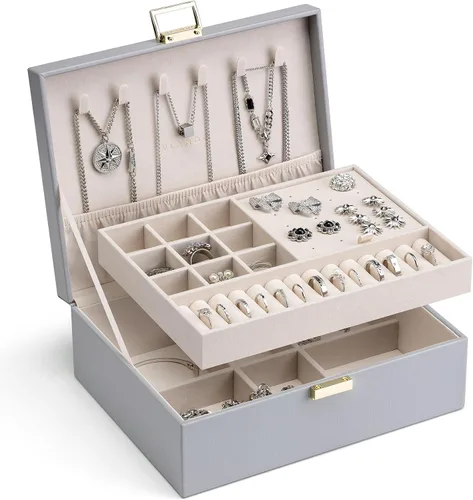 Vlando - Joyero de 2 capas, joyero organizador grande para mujeres, bandeja de joyería removible para collares, aretes, anillos, pulseras, joyeros,