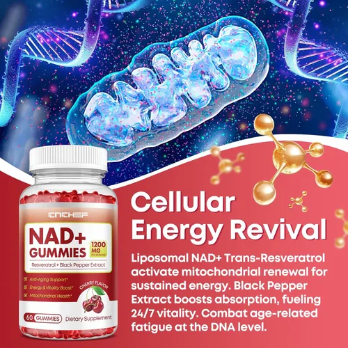 Miniatura 5 de Gomitas NAD+, suplemento liposomal NAD de 1200 mg para mujeres y hombres con trans-resveratrol y extracto de pimienta negra, suplemento