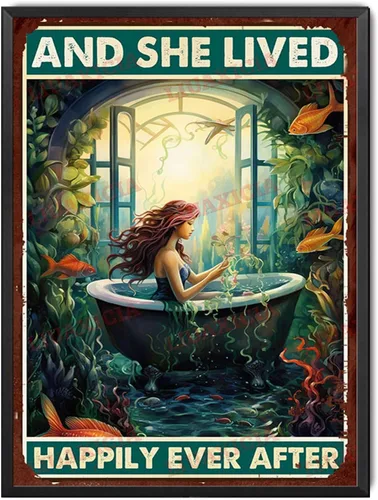 Miniatura 14 de LIUAXICIA Letrero de lata retro con diseño de sirena y ella vivió feliz para siempre, para decoración del hogar, 8 x 12 pulgadas, pintura de lata