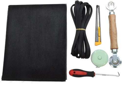 Kit de reparación de malla ajustable de fibra de vidrio negro de 39 x 59 pulgadas con estrías de 20 pies y rodillos de repuesto para patio, porche,