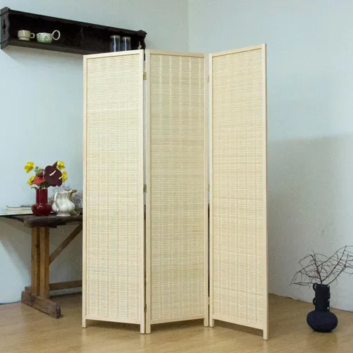 Miniatura 3 de Divisor de habitación de bambú de 3 paneles, pantalla de privacidad plegable beige de 5.6 pies de alto, pared de división independiente de doble