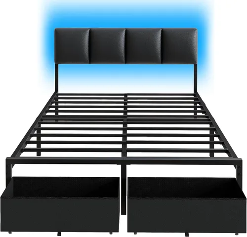 Miniatura 9 de Furnulem Base de cama de tamaño matrimonial con estación de carga y luces LED, cabecera tapizada de piel sintética, cama de plataforma de metal