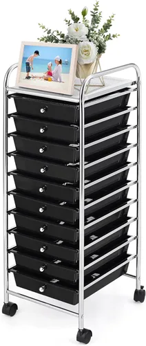 GOFLAME Carrito de almacenamiento con ruedas de 10 cajones, carrito de utilidad con cajones extraíbles y marco de metal, carrito móvil de Negro