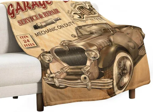 Miniatura 52 de Manta de motocicleta antigua, rústica y clásica, con temática de auto clásico, ruta de EE. UU., 66, patrón impreso, manta de franela súper suave