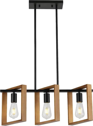 9MMML Lámpara de 3 luces para isla de cocina, lámpara de comedor negra, con marco de madera, para sala de estar, vestíbulo, entrada, pasillo, E26
