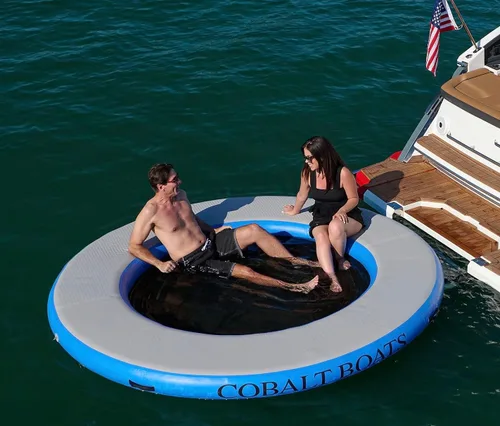 Miniatura 3 de Hamaca de agua inflable con malla Anillo flotante redondo de 8 pies para lago, barco, océano, piscina y balsa de río, tumbona de isla