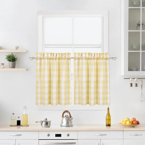 Miniatura 28 de Cortinas de Cocina Estilo Granja de Cuadros Vichy Blanco y Negro de 24 Pulgadas de Largo, Cortinas de Café de Media Ventana de Cuadros Buffalo