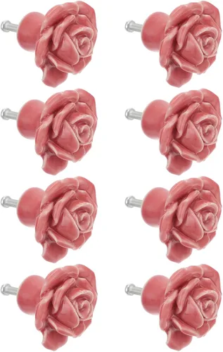 LIFKOME 8 tiradores de rosas de cerámica para gabinete, pomos de armario para cajones, pomos de puerta de flores de rosas florales, pomos de