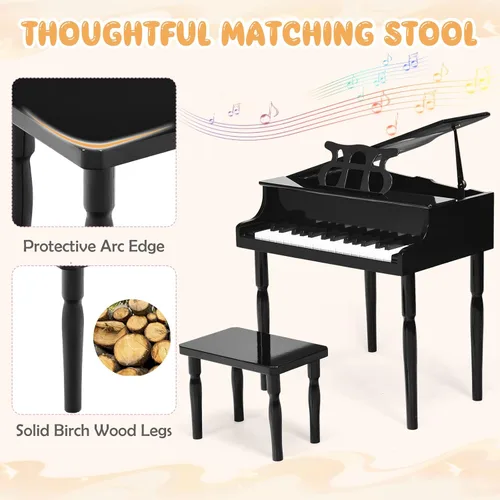 Miniatura 5 de Goplus 30 teclas piano clásico para niños, mini piano de madera estilo grand para aprender a tocar con banco, tapa para piano, estante para música