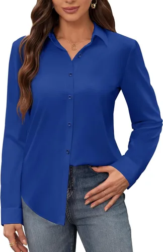 Miniatura 25 de Siliteelon - Camisas de vestir para mujer, a prueba de manchas, sin arrugas, de manga larga, sólidas, para trabajo y negocios, con botones