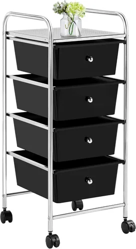 Yaheetech Organizador de almacenamiento con ruedas con 4 cajones, marco de metal, cajones de plástico, organizador con ruedas, color negro