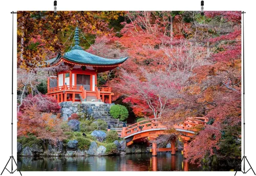 Miniatura 4 de BELECO Telón de fondo japonés, 5 x 3 pies, templo japonés Daigo-ji, ciudad de Kioto, otoño, arces rojos, paisaje, río, puente de jardín, telón