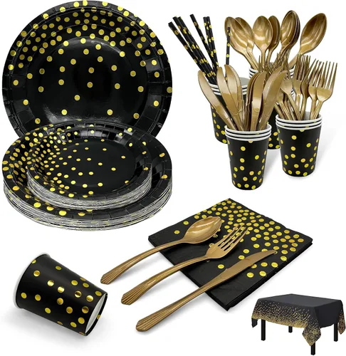 Suministros desechables para fiestas, juego de vajilla de 60 piezas negro y dorado que incluye platos de 7/9 pulgadas, servilletas, mantel, vasos,