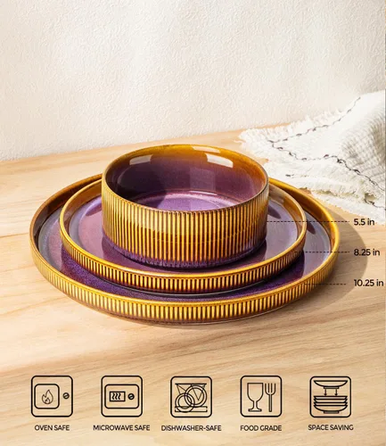 Miniatura 2 de TheTerra Juego de vajilla de cerámica para 4, juego de 12 platos y cuencos ligeros de porcelana, resistente a los arañazos, apto para horno