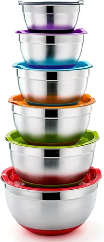 P&P CHEF Tazones para mezclar con tapas, juego de 6, cuencos de mezcla anidables de acero inoxidable y tapas de montaje y parte inferior de silicona