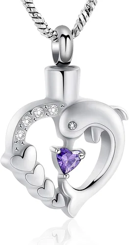 Miniatura 12 de Yinplsmemory Collar de urna de corazón de delfín para cenizas para mujer, colgante de urna de corazón de cristal, collar de recuerdo de cenizas