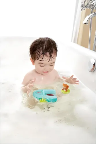 Miniatura 5 de Hape Juguete de baño de barco con retroceso de tubo, oso de peluche, juguete de baño flotante para remo de barco, juguete para bañera y ducha