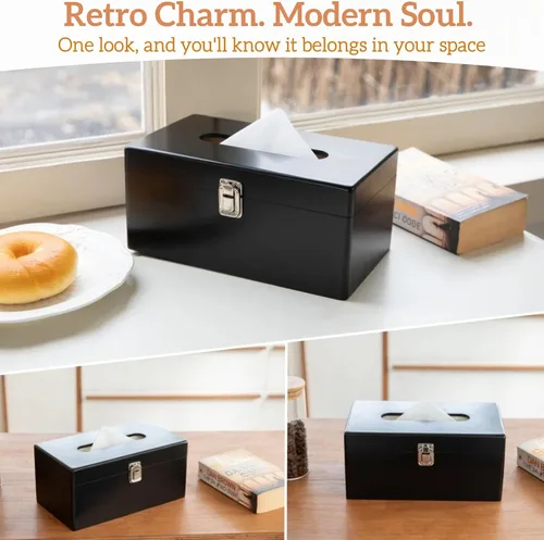 Miniatura 2 de Funda rectangular negra para caja de pañuelos con interruptor de metal, soporte rectangular para caja de pañuelos con tapa, accesorios de baño