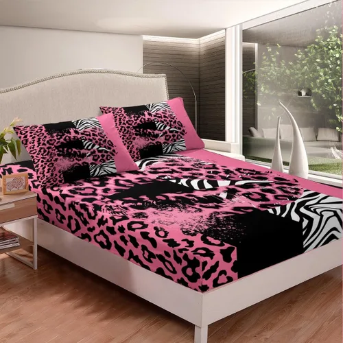 Miniatura 2 de Manfei Sábana bajera ajustable de labios de rosa, tamaño individual, funda de cama con estampado de cebra de leopardo con 1 funda de almohada, juego