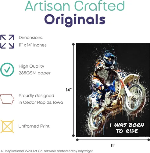 Miniatura 2 de Inspirational Wall Art Co. - I Was Born To Ride - Regalo de carreras de motocross ATV Freestyle para niños, citas de motivación, carteles impresos