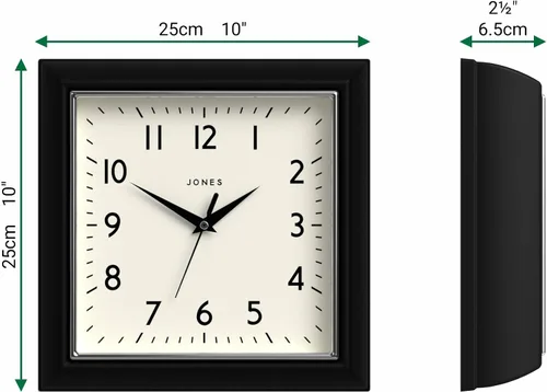 Miniatura 3 de JONES CLOCKS® Reloj de pared mostaza Reloj retro cuadrado 10 pulgadas Negro Números fáciles de leer Perfecto para cocina u oficina