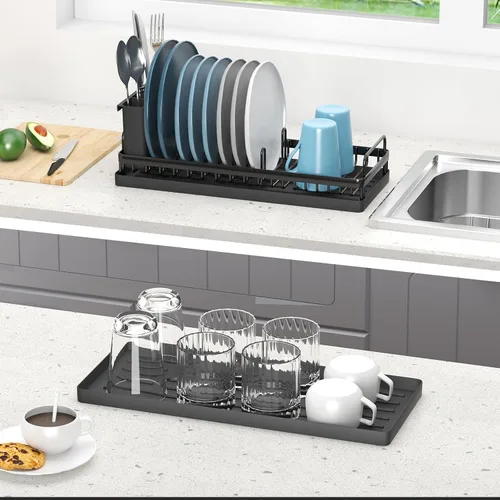 Miniatura 3 de CHLORYARD Escurridor de Platos Pequeño, Escurridor de Platos Compacto para Fregadero Organizador de Platos con Portautensilios y 2 Alfombrillas
