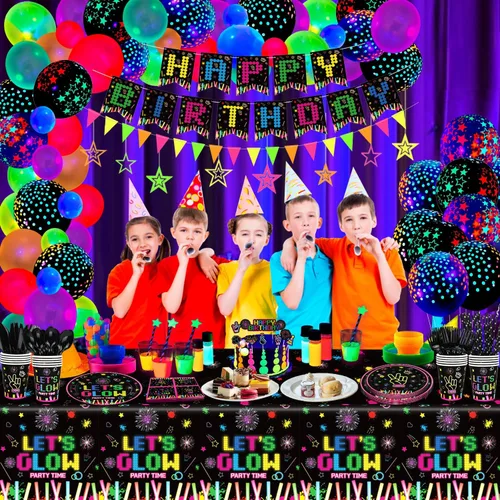 Miniatura 3 de 238 piezas de suministros de fiesta de neón que brillan en la oscuridad, decoraciones de fiesta de luz negra, juego de vajilla para fiesta, platos