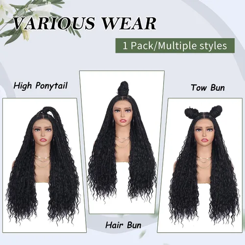 Miniatura 4 de Alebery Pelucas Trenzadas de Caja Bohemias Sin Nudos de Encaje Frontal HD 13X8 para Mujeres Negras Pelucas de Trenzas de Caja Bohemias con Rizos