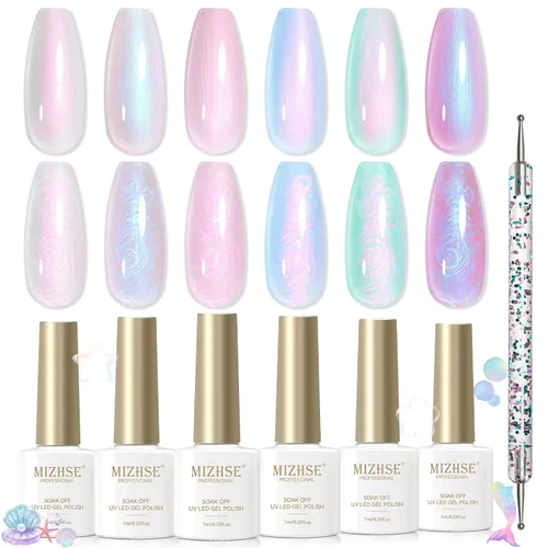 MIZHSE Juego de esmaltes de uñas de gel perlado, 6 colores iridiscentes con brillo aurora azul perla blanco morado sirena esmalte de uñas de gel