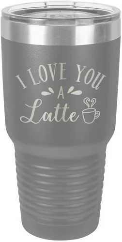 Miniatura 16 de Taza de viaje de acero con recubrimiento de polvo grabado con láser, con texto en inglés "I Love You A LATTE Engraved Tumbler", sin BPA
